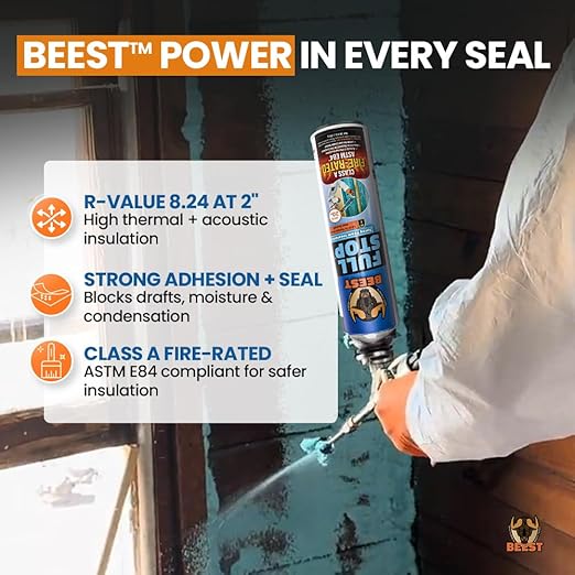 BEEST FullStop Spray Foam Insulation Kit for Walls and Attic - Fire Rated - 720 Board ft/sq.ft Perfect Heat & Acoustic Insulation - 36x Spray Foam Can, 2X Cleaner, Pro Gun & Safety Gear