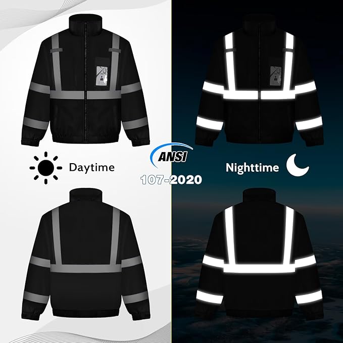 Reflective Jackets, High Vis Safety Work Jacket with Pockets for Men& Women, Construction Coats for Cold Weather, Waterproof Rain Gear, Class 3, Black Standard, L