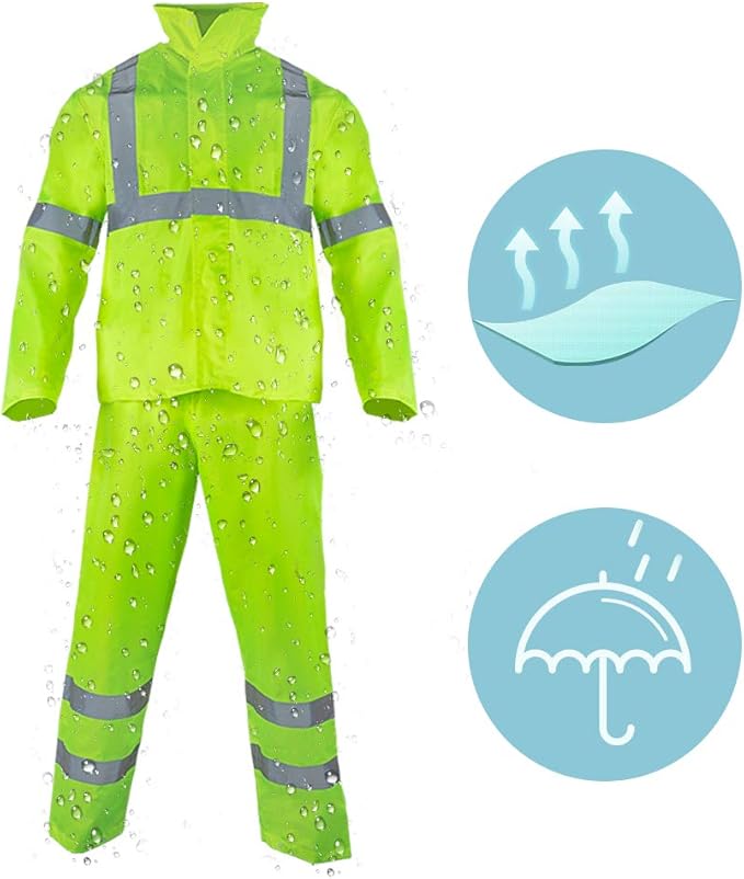 FONIRRA Class 3 High Visibility Rain Suit With Collapsible Hood Lime Reflective Safety Waterproof Worker Jacket & Pants (S/M Yellow)