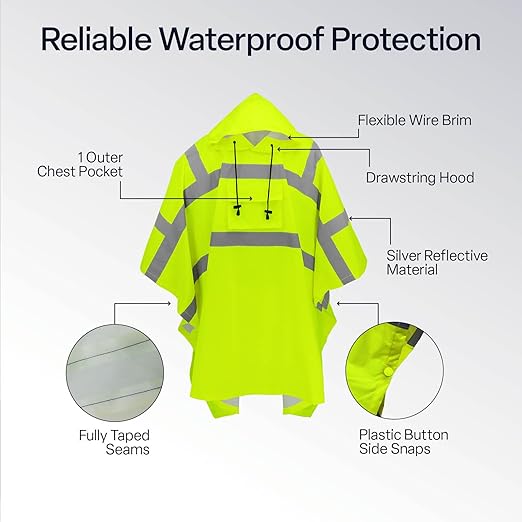 GGS Rain Poncho - High Visibility, Reflective, Wind and Waterproof with Drawstring Hood, Rain Gear for Construction, Camping, Fishing, Hiking, One Size