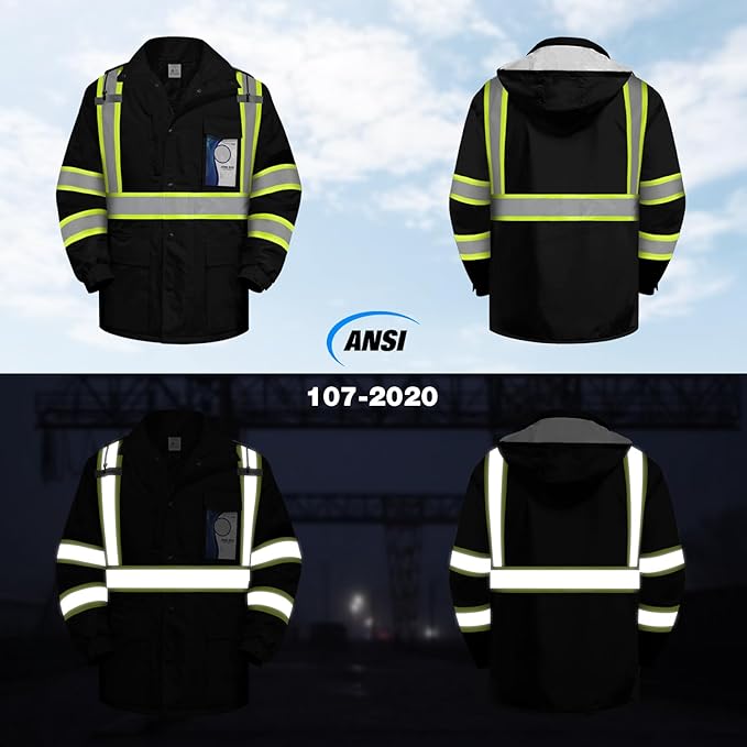 TCCFCCT Safety Jacket for Men & Women, Hi Vis Reflective Jackets with Pockets, Construction Coats for Cold Weather, High Vis Rain Gear, Waterproof, Long J-Black with Green, S