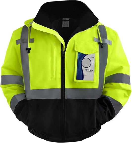 TCCFCCT High Visibility Jacket Class 3 Hi Vis Jacket for Men Women, Waterproof Reflective Safety Jackets for Men Construction, Cold Winter Bomber Work Jackets with Black Bottom, Meets Ansi,J-Yellow L
