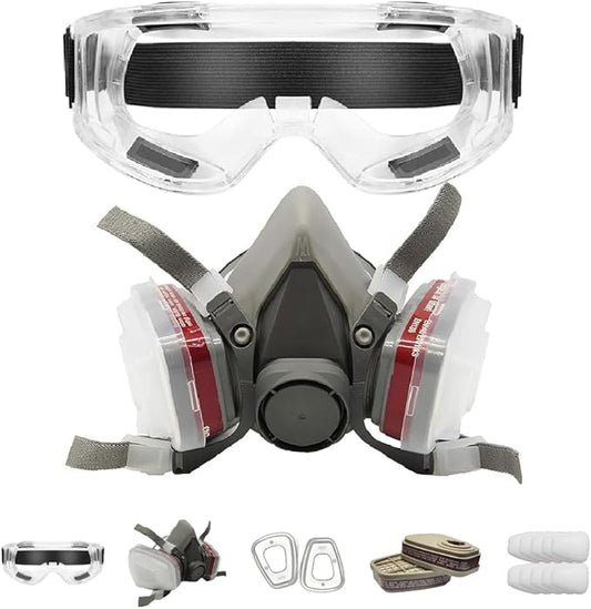 LAUCO Premium Respirator Kit - Reusable Half Face Cover Set with Safety Glasses for Gas, Painting, Machine Polishing, Staining, Car Spraying, Sanding & Cutting, DIY and Other Work Protection