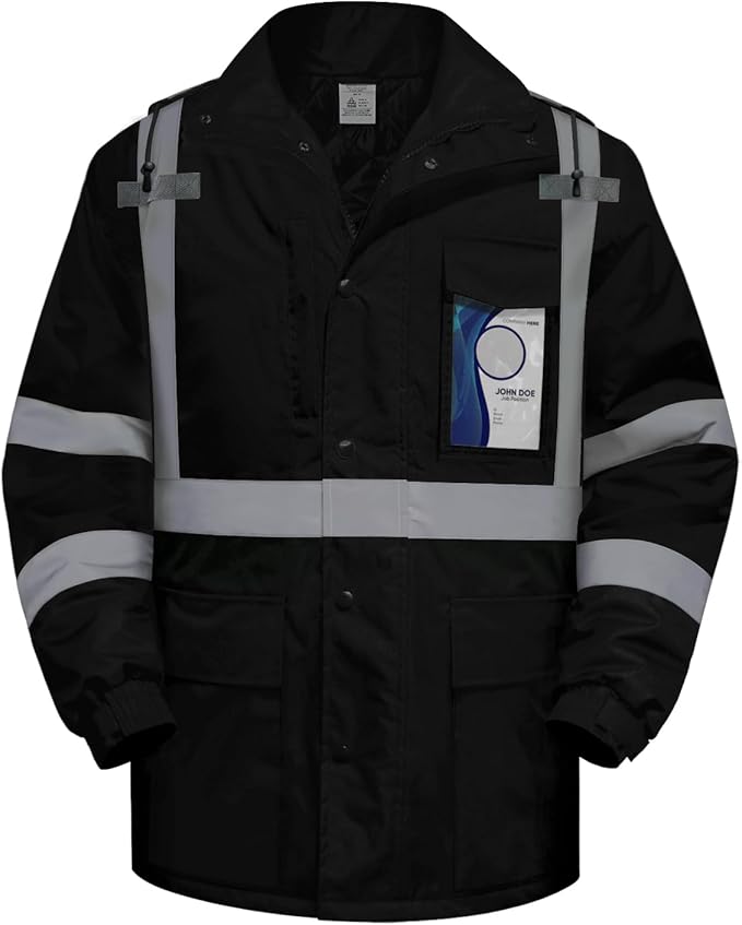 TCCFCCT Hi Vis Jackets for Men & Women, Waterproof Reflective Safety Jacket with Pockets, Construction Coats for Cold Weather, High Vis Rain Gear, Long J-Black, XL