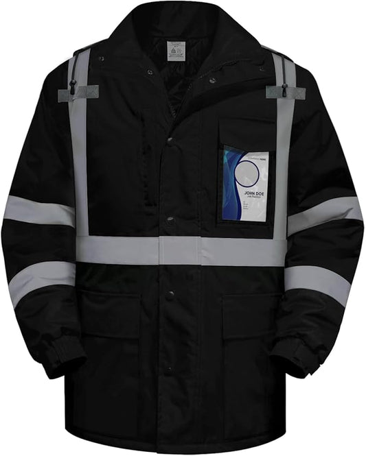 TCCFCCT Safety Jacket for Men & Women, Hi Vis Reflective Jackets with Pockets, Construction Coats for Cold Weather, High Vis Rain Gear, Waterproof, Long J-Black, M