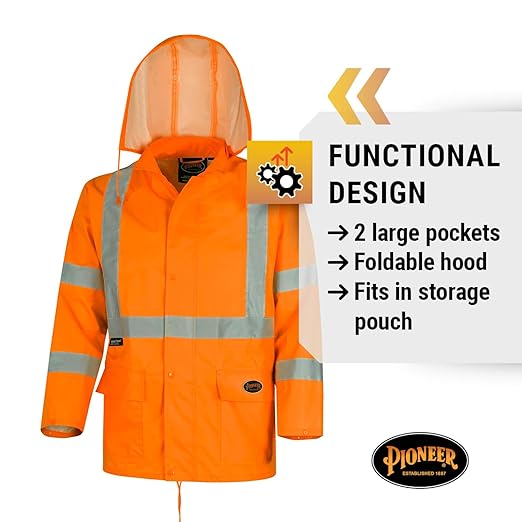 Pioneer High Visibility Rain Gear Safety Jacket and Bib Pants – Hi Vis, Waterproof, Reflective PVC Work Suit for Men – Orange and Yellow/Green