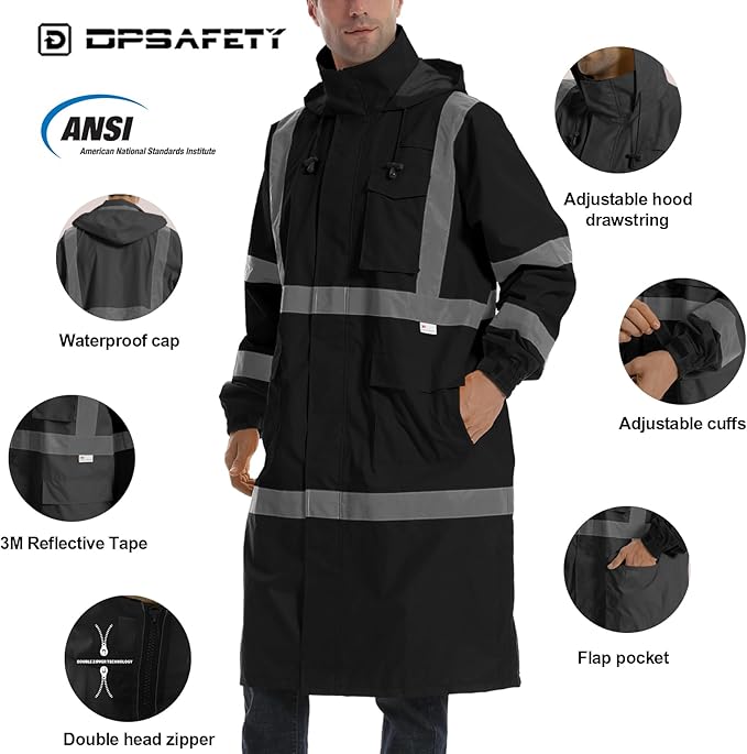 Hi Vis Rain Jacket with 3M Reflective Stripe,High Visibility Class 3 Rain coats,Safety Waterproof Rain Suits for Men with Hood and 2 Large Pockets construction work rain gear(Black 3XL)