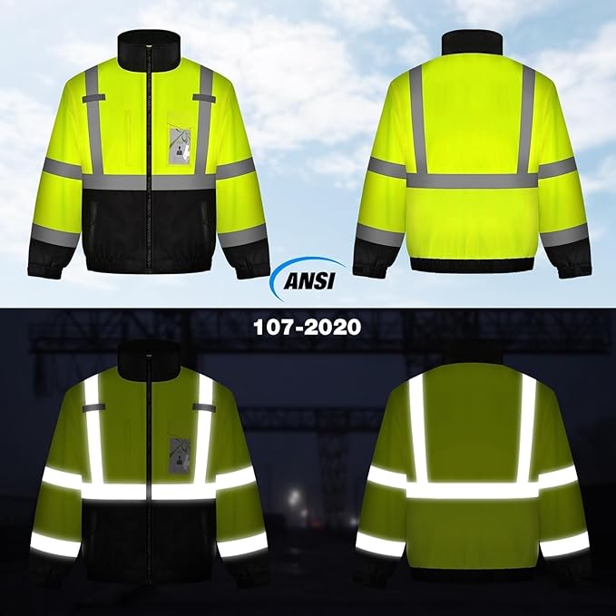 TCCFCCT Hi Vis Jackets for Men Women Waterproof High Visibility Safety jackets for Men, Warm Reflective Jacket with Pockets, Construction Coats for Cold Winter, High Vis Rain Gear, J-Yellow, XL
