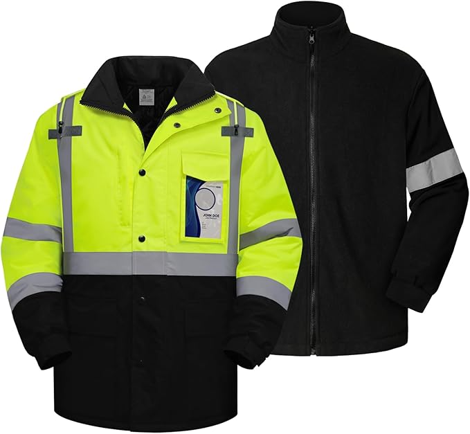 TCCFCCT 3-in-1 Hi Vis Winter Bomber Jackets for Men with Zippered Detachable Fleece Liner, Waterproof Reflective Safety Construction Coats for Cold Weather, High Vis Rain Gear, 3-in-1-Yellow 4XL