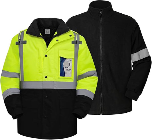TCCFCCT 3-in-1 Hi Vis Winter Bomber Jackets for Men with Zippered Detachable Fleece Liner, Waterproof Reflective Safety Construction Coats for Cold Weather, High Vis Rain Gear, 3-in-1-Yellow 4XL