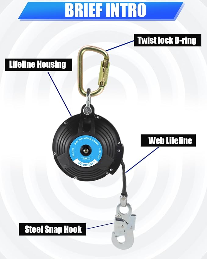 20FT Web Self Retracting Lifeline, No Tangle Lightweight SRL, Self Retractable Safety Lanyard, Fall Arrest Protection Gear for Roofing Construction, OSHA/ANSI Compliant