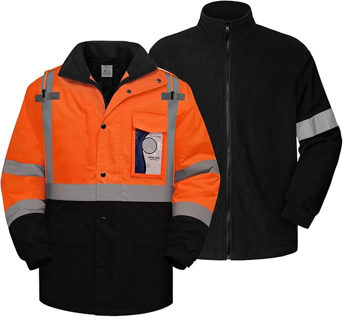 TCCFCCT 3-in-1 Hi Vis Winter Bomber Jackets for Men with Zippered Detachable Fleece Liner, Waterproof Reflective Safety Construction Coats for Cold Weather, High Vis Rain Gear, 3-in-1-Orange L