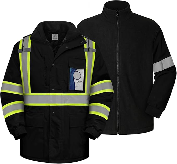TCCFCCT 3-in-1 Hi Vis Winter Bomber Jackets for Men with Zippered Detachable Fleece Liner, Waterproof Reflective Safety Construction Coats for Cold Weather, High Vis Rain Gear, 3-in-1-Black L