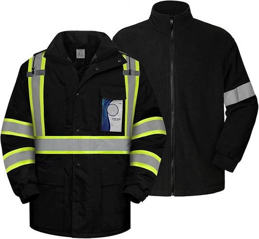 TCCFCCT 3-in-1 Hi Vis Winter Bomber Jackets for Men with Zippered Detachable Fleece Liner, Waterproof Reflective Safety Construction Coats for Cold Weather, High Vis Rain Gear, 3-in-1-Black L