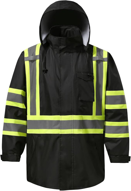 Reflective Rain jackets for men waterproof,Hi Vis Safety Coat With Reflective Strips，High Visibility Class 3 Rain jackets With 2 large pockets，Zipper,Black ，LG/XL