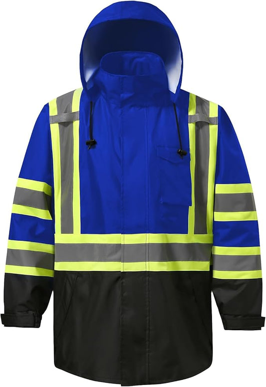 Reflective Rain jackets for men waterproof,Hi Vis Safety Coat With Reflective Strips，High Visibility Class 3 Rain jackets With 2 large pockets,Zipper,Blue,SM/MD
