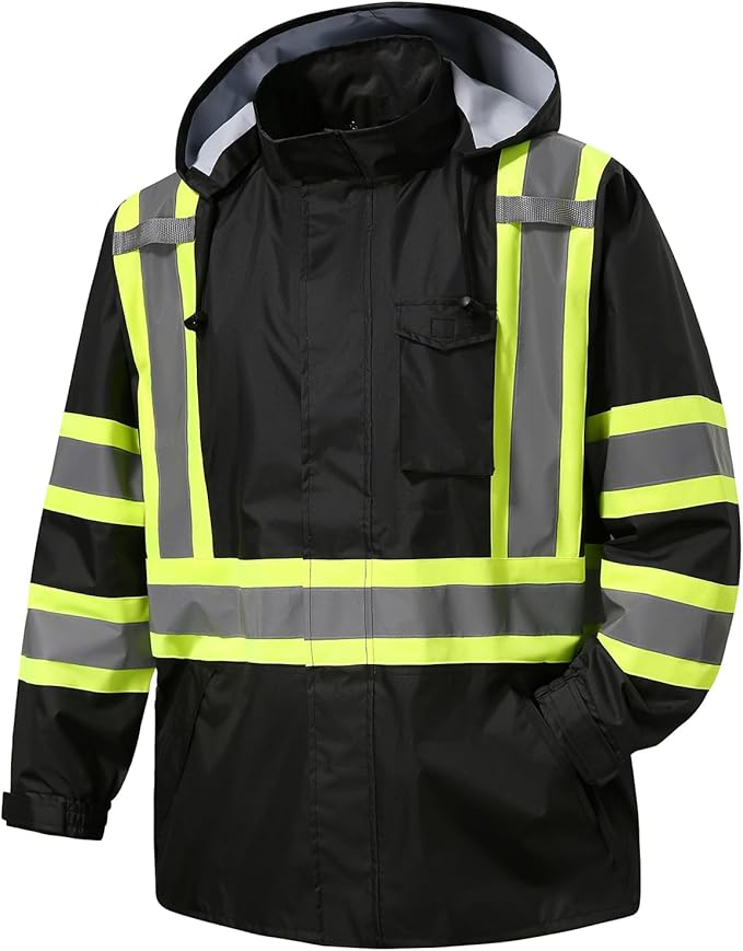Reflective Rain jackets for men waterproof,Hi Vis Safety Coat With Reflective Strips，High Visibility Class 3 Rain jackets With 2 large pockets，Zipper,Black ，SM/MD