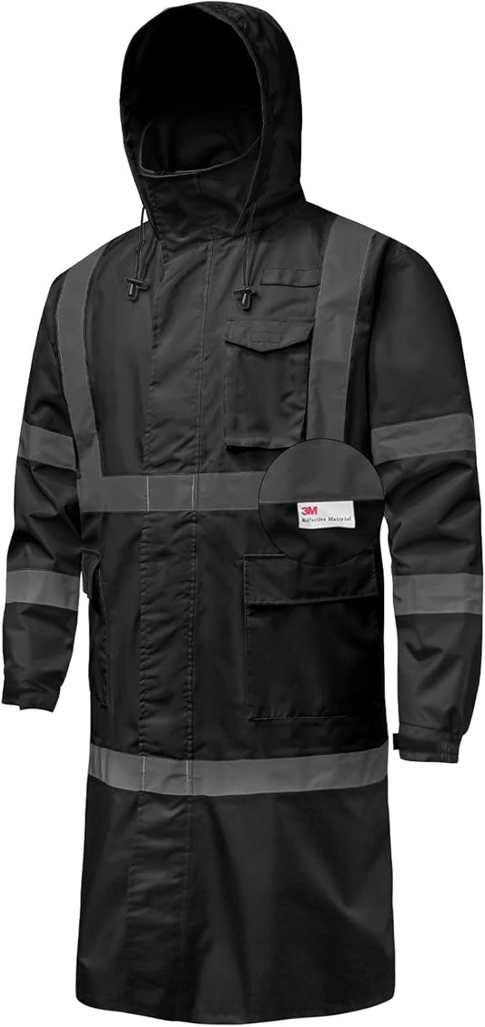 Hi Vis Rain Jacket with 3M Reflective Stripe,High Visibility Class 3 Rain coats,Safety Waterproof Rain Suits for Men with Hood and 2 Large Pockets construction work rain gear(Black 5XL)