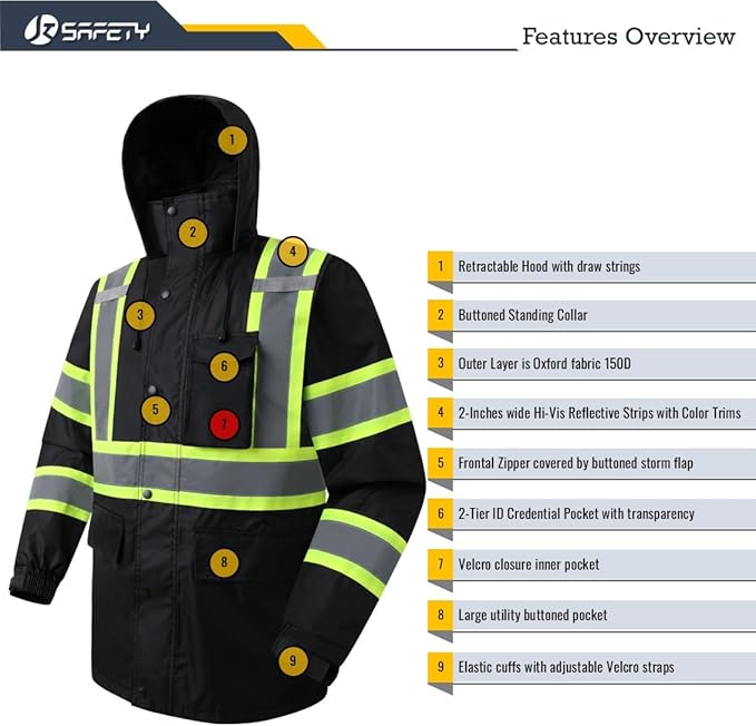 JKSafety Hi-Vis Reflective Safety Rain Jacket for Men Women Waterproof Rain Gears for Farming Fishing Work HV Rain Jacket with Inner Mesh Lining and Pockets (117A-Black XXL)