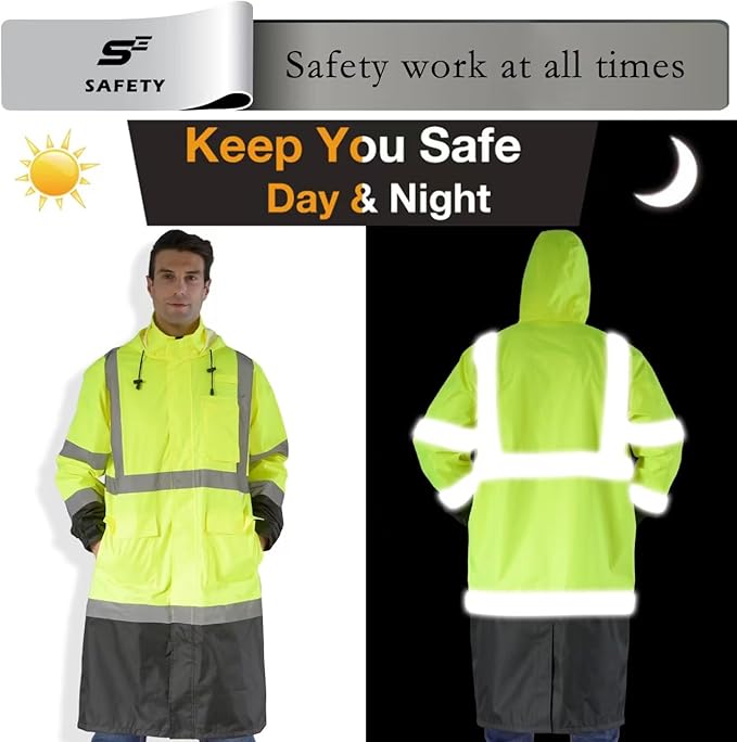 sesafety Safety Rain Coats for Men Work, Class 3 HighVisibility Rain Gear Construction, Reflective Hi Vis RainJacket Lightweight Waterproof