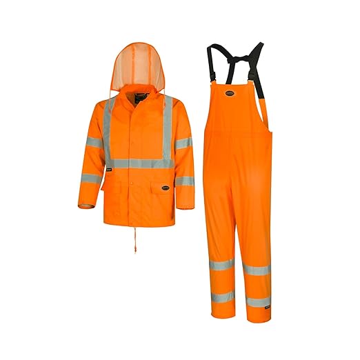 Pioneer High Visibility Rain Gear Safety Jacket and Bib Pants – Hi Vis, Waterproof, Reflective PVC Work Suit for Men – Orange and Yellow/Green