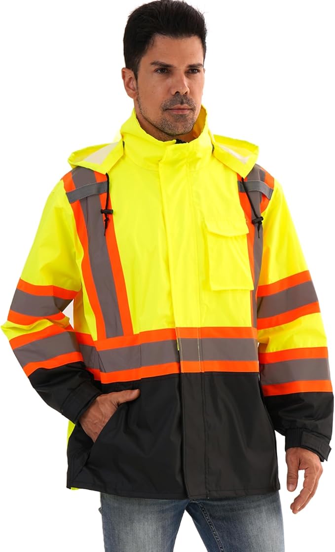 Reflective Rain jackets for men waterproof,Hi Vis Safety Coat With Reflective Strips，High Visibility Class 3 Rain jackets With 2 large pockets,Zipper,Lime,LG/XL