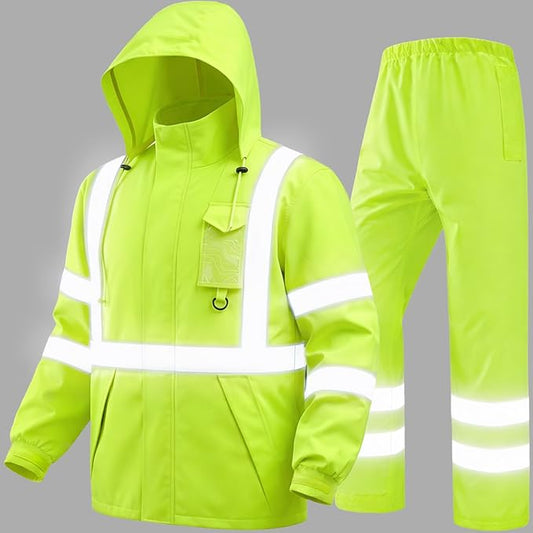 Hi Vis Class 3 Safety Rain Jacket for Men Waterproof, Reflective High Visibility Rain Gear Construction Rain Suit (Yellow 2XL/3XL)