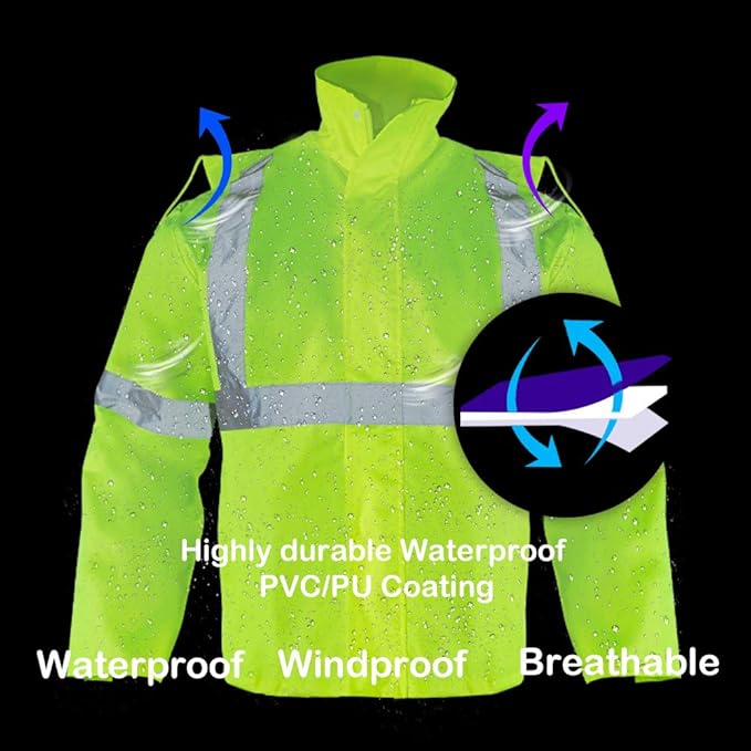 VENDACE Hi Vis Reflective Rain Jacket Suit and Pants for Men Waterproof Class 3 High Visibility Safety Rain Gear Raincoat(S/M)