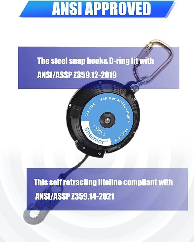 33FT Web Self Retracting Lifeline, Shemior No Tangle Lightweight Housing SRL, Self Retractable Safety Lanyard, Fall Arrest Protection PPE Gear for Roofing Construction, OSHA/ANSI Compliant