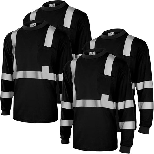 Amylove 4 Pcs Long Sleeve Safety Shirt High Visibility Reflective Construction Work Shirts for Men Women(XL,Black)
