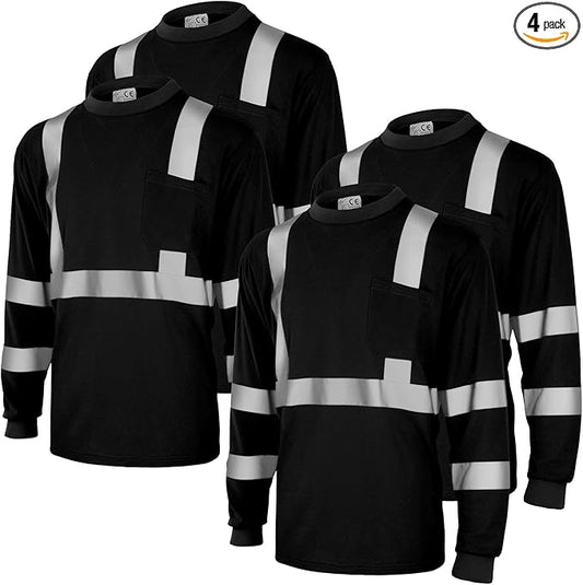 Amylove 4 Pcs Long Sleeve Safety Shirt High Visibility Reflective Construction Work Shirts for Men Women(XXL,Black)