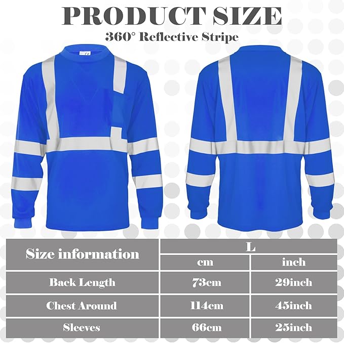 Amylove 4 Pcs Long Sleeve Safety Shirt High Visibility Reflective Construction Work Shirts for Men Women(L,Blue)
