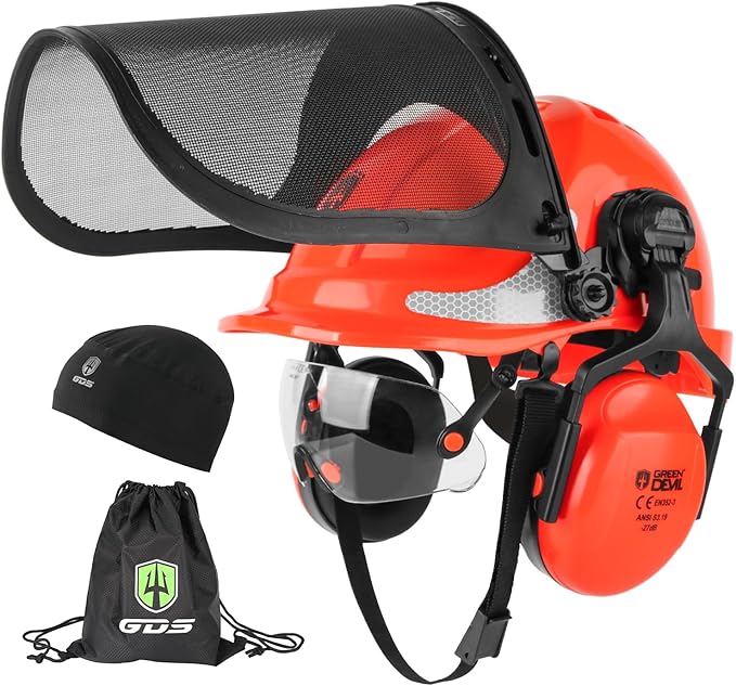 GREEN DEVIL Chainsaw Safety Protective Helmet Forestry Helmet with Build-in Visor Mesh Face Shield Ear Muffs 4 in 1 Ideal for Arborist Tree Work DIY Outdoor Logging Hard hat