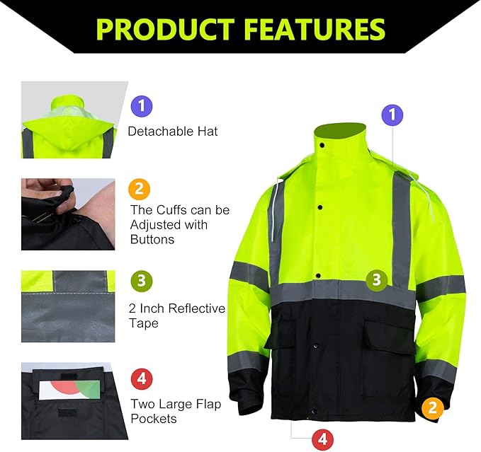 FONIRRA Class 3 High Visibility Rain Suit With Detachable Hood Waterproof Lime Reflective Safety Worker Jacket & Pants (4XL/5XL Yellow)