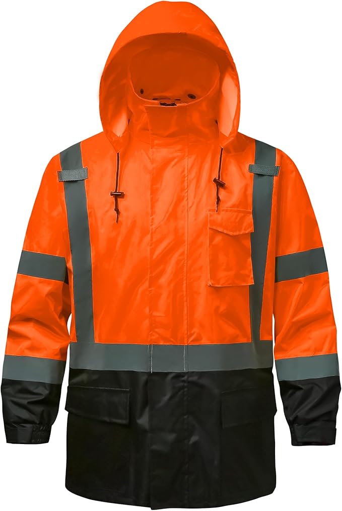 Reflective Rain jackets for men waterproof,Hi Vis Safety Coat With Reflective Strips，High Visibility Class 3 Rain jackets With 2 large pockets，Zipper,Black Bottom Orange,2XL/3XL