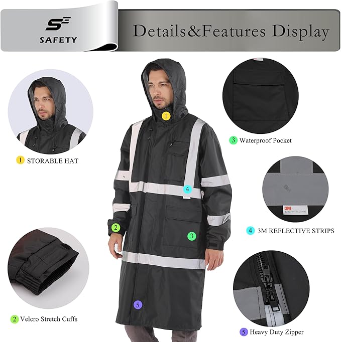 sesafety Safety Rain Coats for Men Work, Class 3 HighVisibility Rain Gear Construction, Reflective Hi Vis RainJacket Lightweight Waterproof