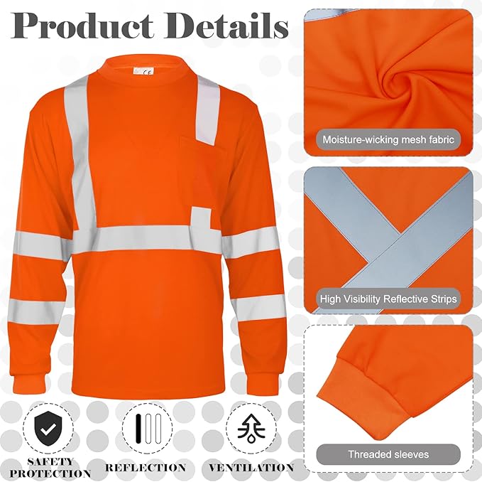 Amylove 4 Pcs Long Sleeve Safety Shirt High Visibility Reflective Construction Work Shirts for Men Women(XL,Orange)