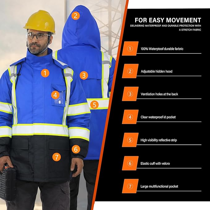 FATONE Hi Vis Rain Jacket for Men Lightweight Reflective Safety Rain Gear Waterproof with Hood, Class 3 Work Raincoat ANSI/ISEA Tested Blue 2XL/3XL