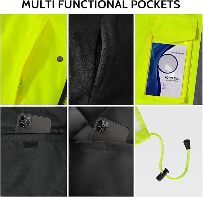 TCCFCCT 3-in-1 Hi Vis Winter Bomber Jackets for Men with Zippered Detachable Fleece Liner, Waterproof Reflective Safety Construction Coats for Cold Weather, High Vis Rain Gear, 3-in-1-Yellow XL