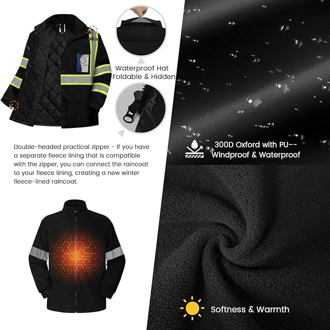 TCCFCCT 3-in-1 Hi Vis Winter Bomber Jackets for Men with Zippered Detachable Fleece Liner, Waterproof Reflective Safety Construction Coats for Cold Weather, High Vis Rain Gear, 3-in-1-Black L