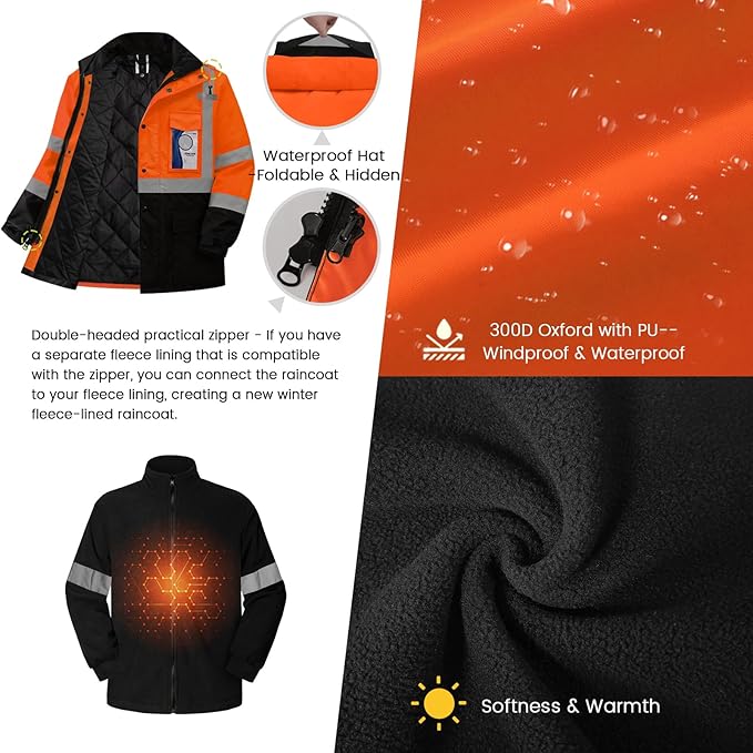 TCCFCCT 3-in-1 Hi Vis Winter Bomber Jackets for Men with Zippered Detachable Fleece Liner, Waterproof Reflective Safety Construction Coats for Cold Weather, High Vis Rain Gear, 3-in-1-Orange XL