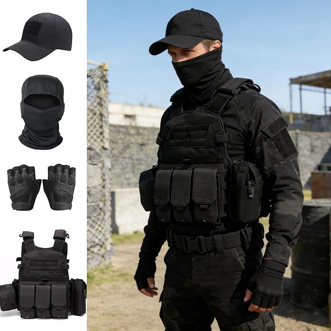 VPZenar Tactical Vest for Men, Airsoft Vest, Black Molle Vest and Cap Protective Equipment, Tactical Airsoft Gear