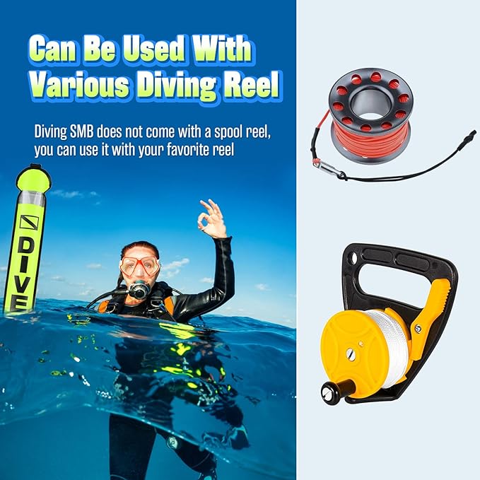 High Visibility Diving Surface Marker Buoy (SMB), Inflatable Scuba Signal Tube with Reflective Band, Safety Sausage Easy Inflate/Deflate for Scuba, Freediving & Snorkeling