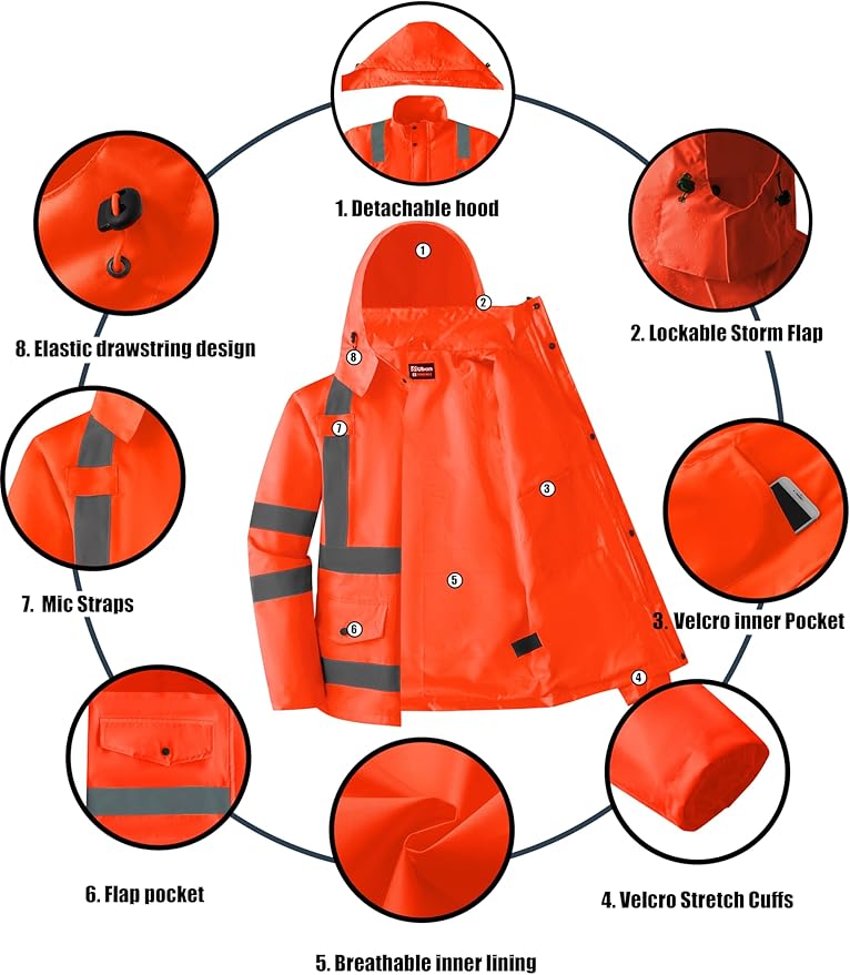 Ubon Men's Reflective Rain Jacket, Waterproof Hi Vis Rain Coat Safety High Visibility Raincoat with Detachable Hood