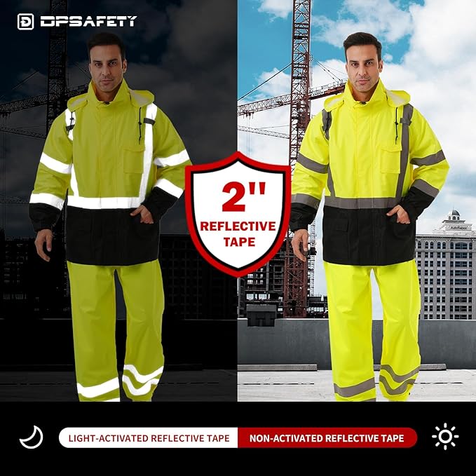 Hi Vis Safety rain Jacket，Reflective Class 3 Rain coat with Inner Mesh Lining and Pockets High Visibility Waterproof work Rain Suits for men&women（Lime,SM/MD）