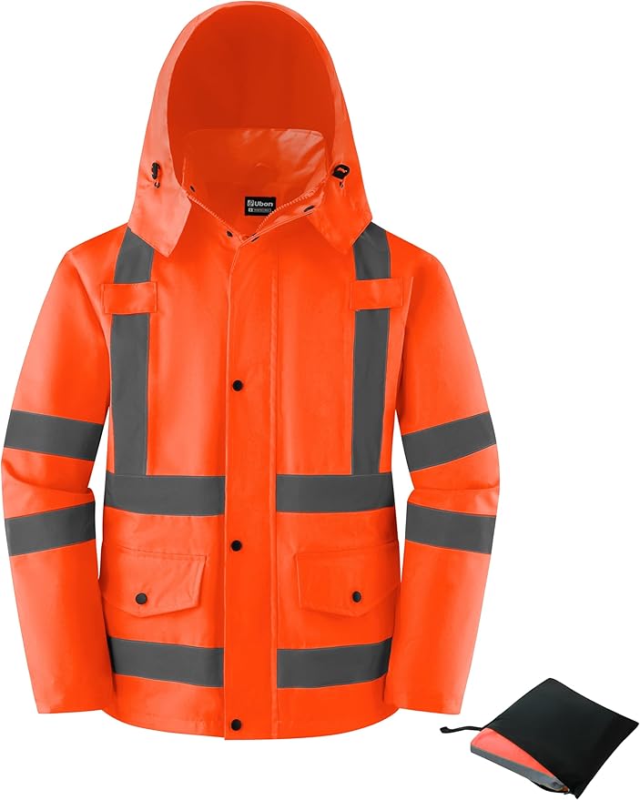 Ubon Men's Reflective Rain Jacket, Waterproof Hi Vis Rain Coat Safety High Visibility Raincoat with Detachable Hood
