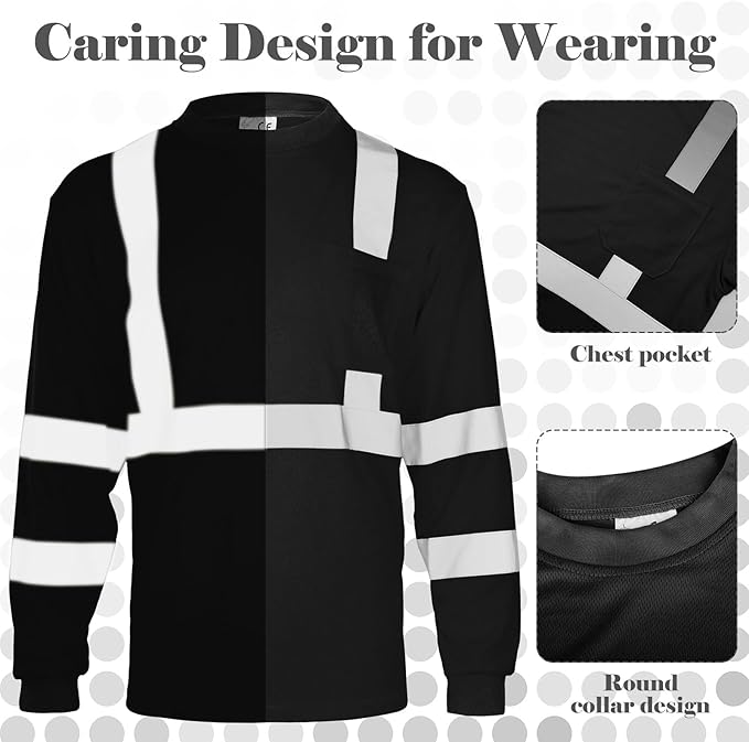 Amylove 4 Pcs Long Sleeve Safety Shirt High Visibility Reflective Construction Work Shirts for Men Women(XL,Orange, Black)