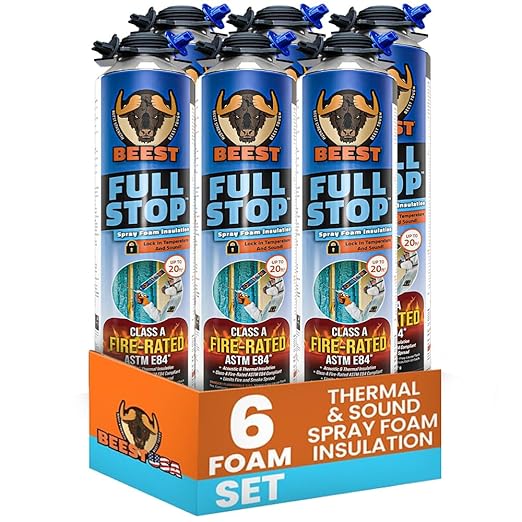 BEEST FullStop Fire-Rated Spray Foam Insulation for Walls & Attics - 120 Board ft/sq.ft - High Density Expanding Spray Insulation Foam Sealant for Thermal & Soundproofing - 6 Pack (6x26.8 oz)
