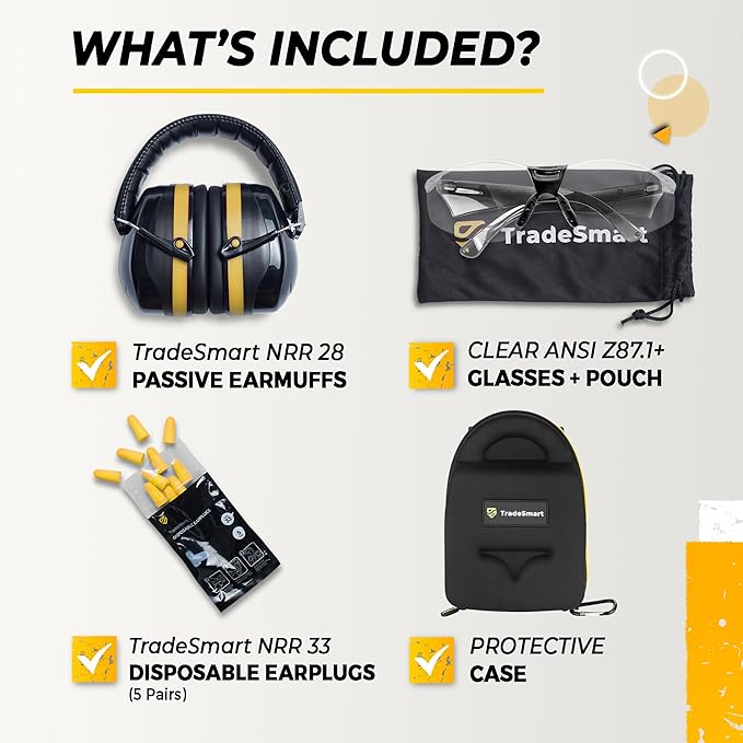 TradeSmart All-in-One Shooting Ear Protection - Comfort+ NRR 28 Earmuffs, Glasses & Earplugs + Carry Case
