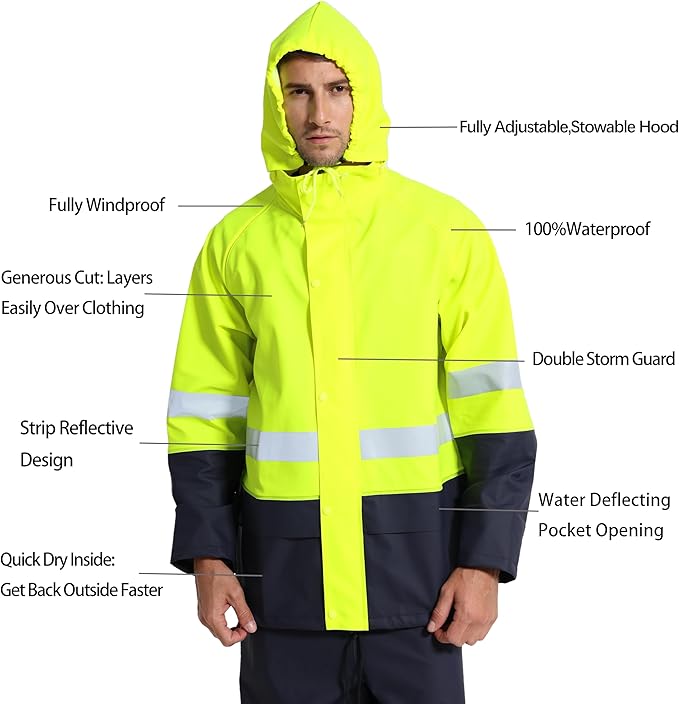 Men's Hi Vis PRO Workwear Waterproof 3-Piece Heavy Duty PU Reflective Rain Jacket, Hoodie & Bib Pants for Work and Safety